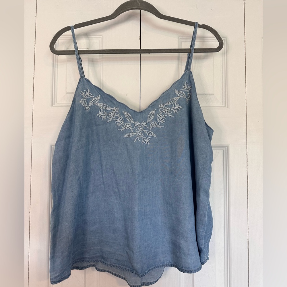 Sweet Wanderer Blue Jean Embroidered Floral Tank Top